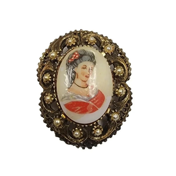 Vintage Jewelry - Vintage 60s-70s Portrait of Woman Ceramic Hand Painted Brooch Pin Gold Tone